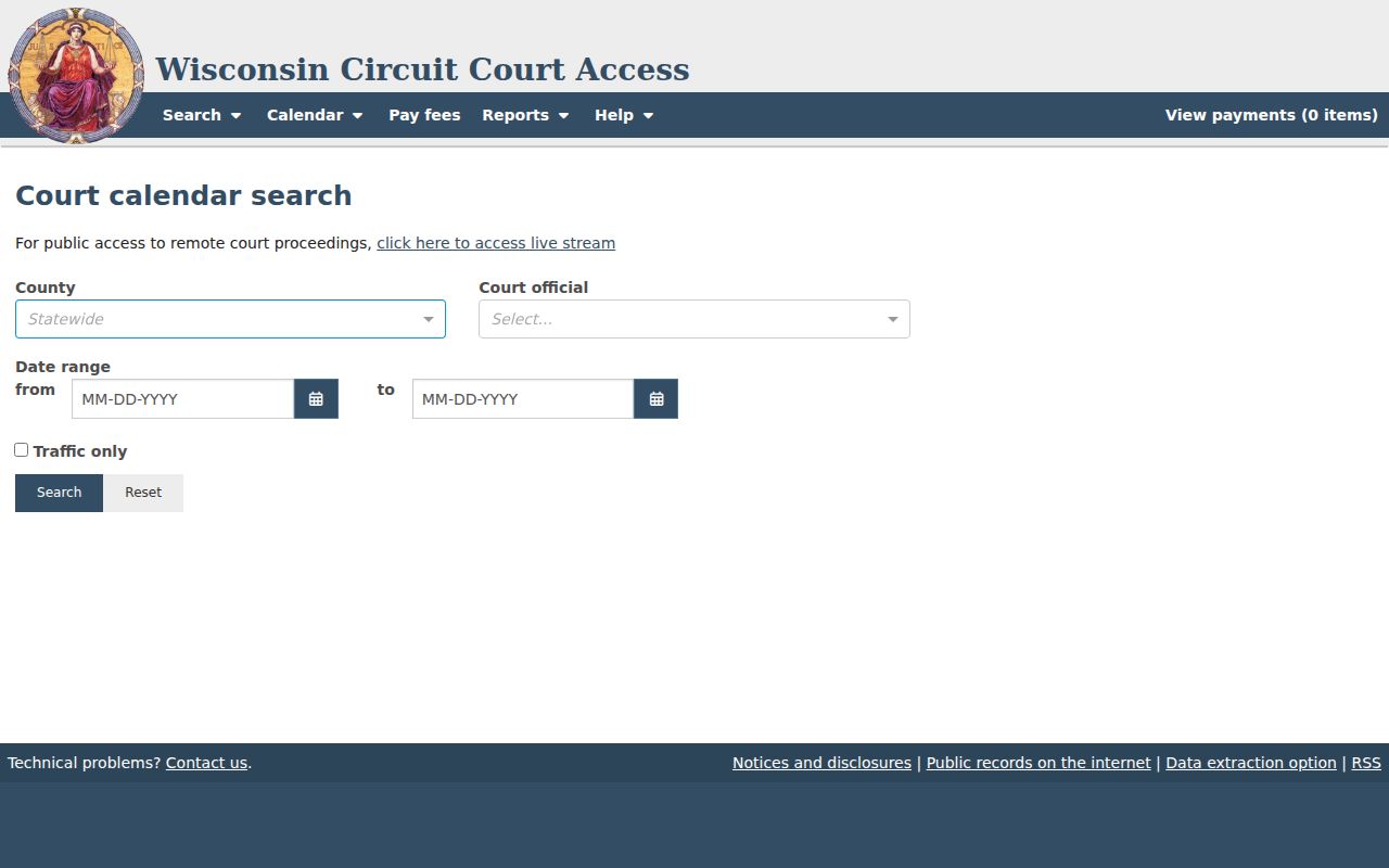 Vernon County court calendar search controls in WCCA