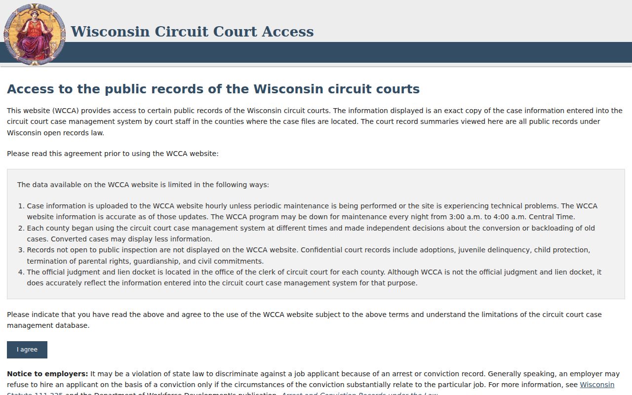 Vernon County case search interface in WCCA